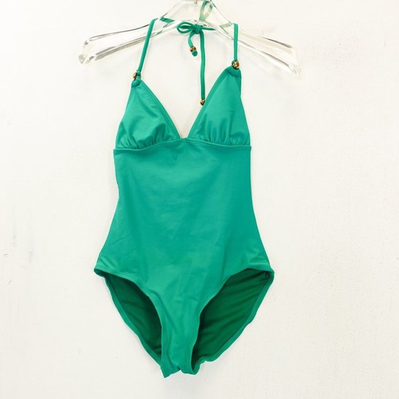 OLD NAVY‎ Aqua Marine Gold Plunge Halter One Piece XS Swimwear Ruched Open Back - Picture 1 of 11